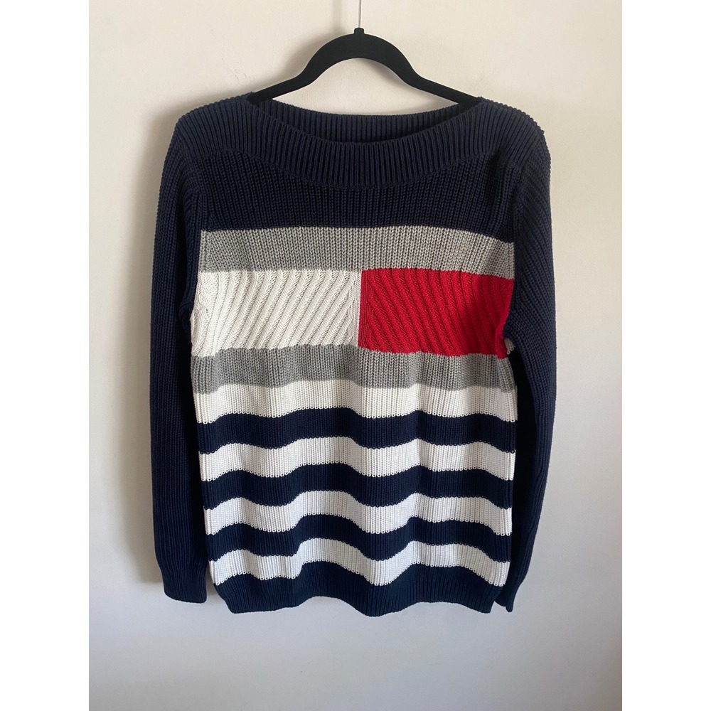 Tommy Hilfiger Womens Colorblock Flag Striped Shaker Knit Sweater Navy Blue M